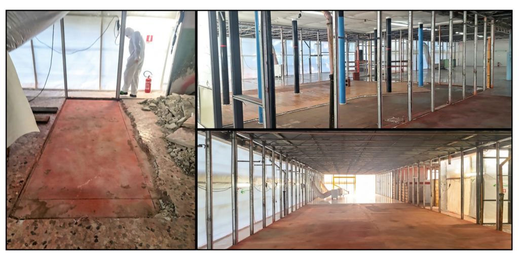 Tre immagini dei lavori in corso al Parco Didattico: operazioni di bonifica e demolizione di pavimentazione, controsoffitti e solaio di terra